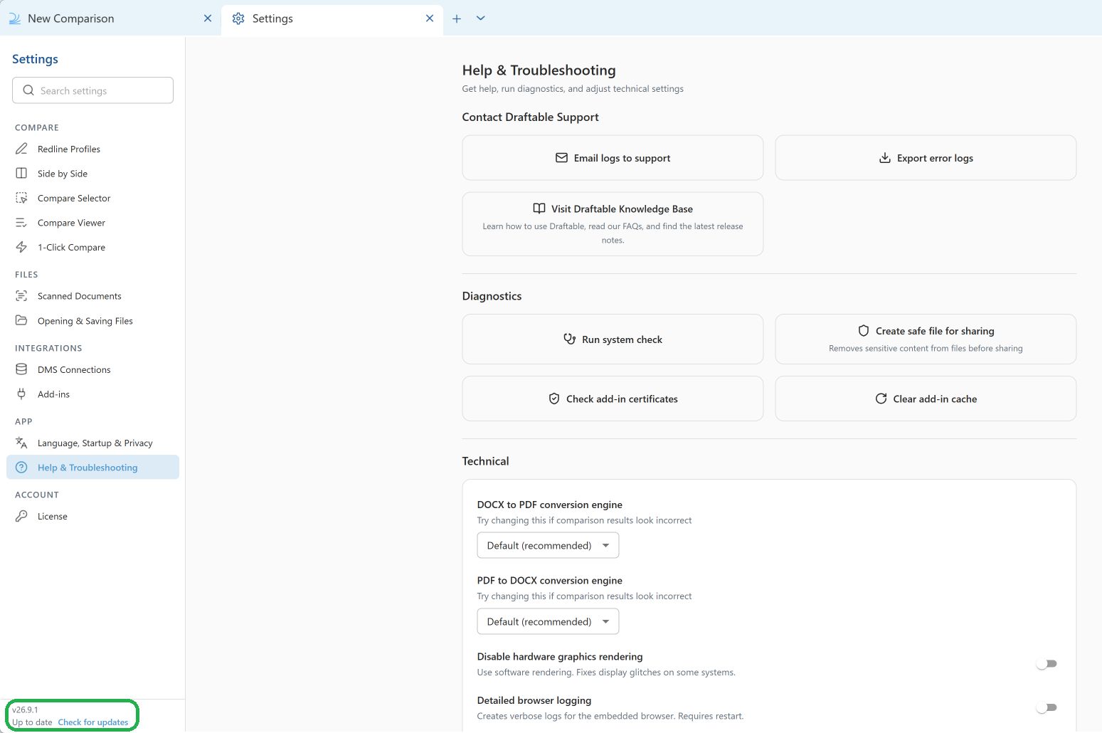 Version number, update status and Check for updates link in the bottom-left corner of the Settings window